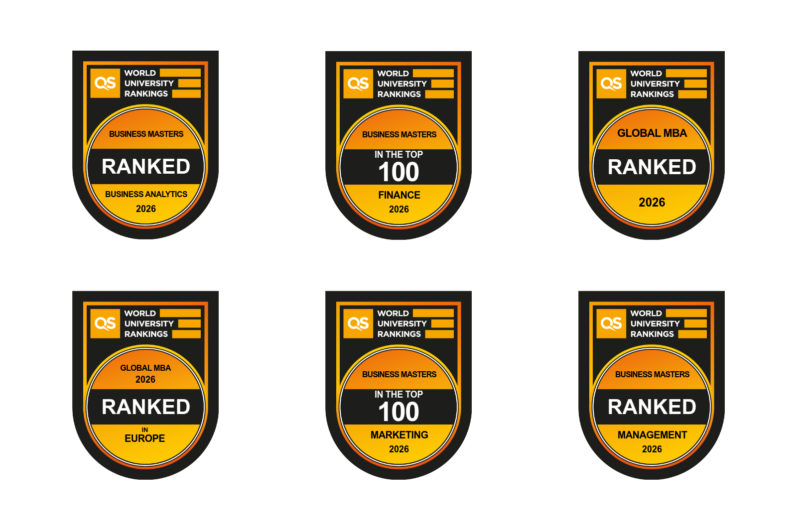 Six QS World University Rankings 2026 badges for Loughborough Business School in Business Analytics, Finance, Global MBA, Europe, Marketing, and Management.